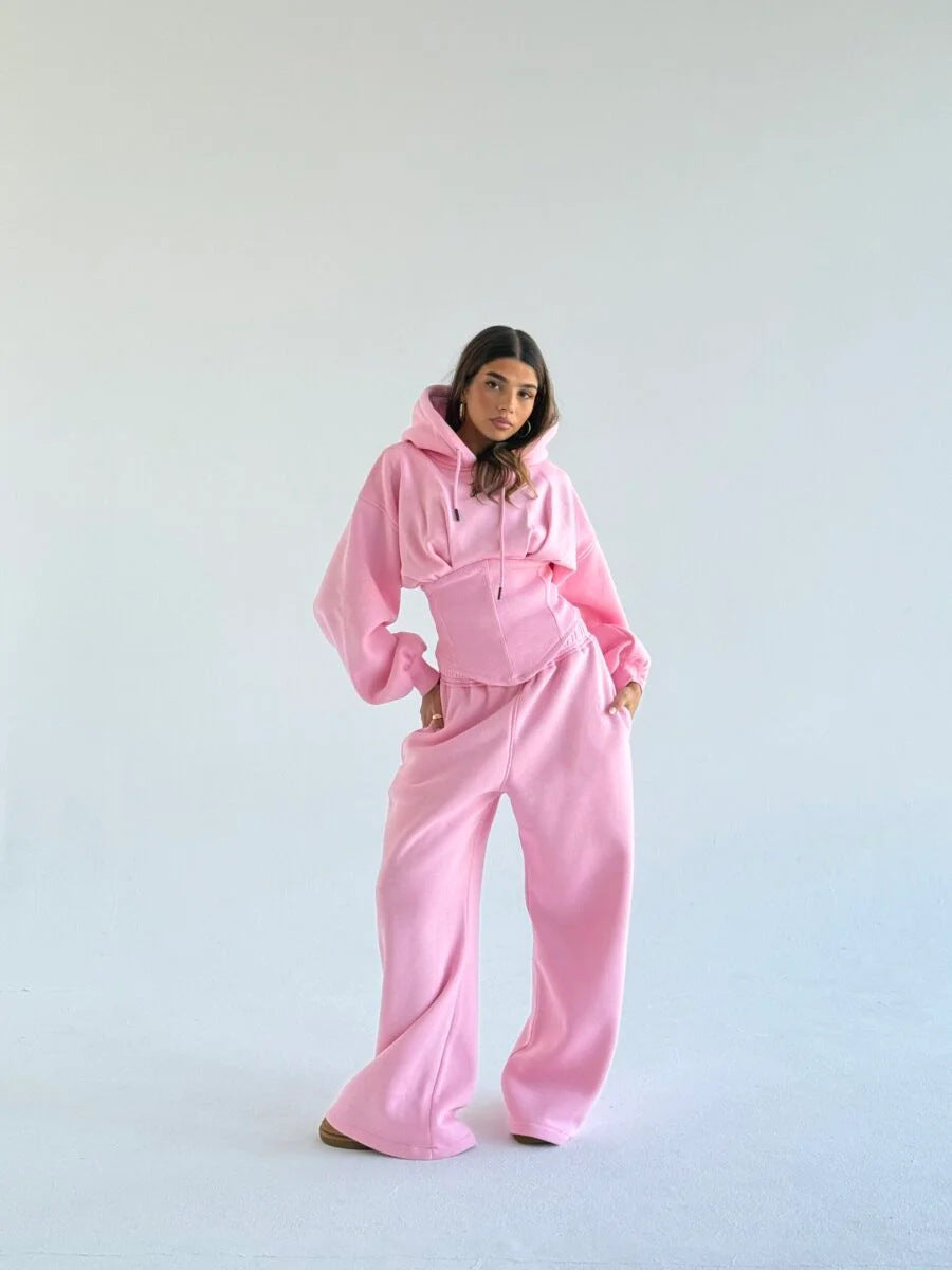 Waist Drawstring Hooded Top And Pants Two-piece Set