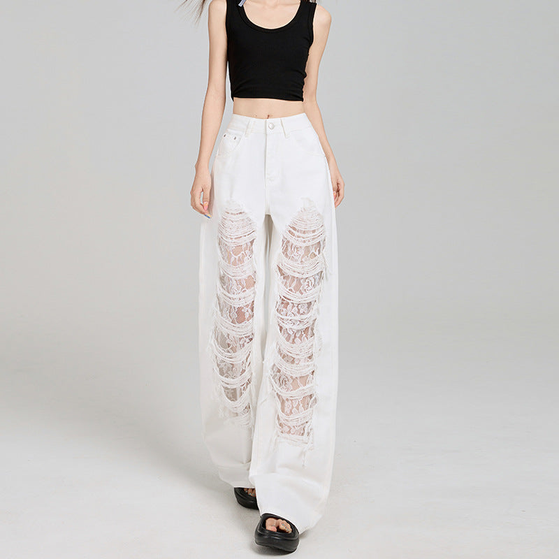 Women's Off-White Ripped Lace High-Waist Loose Denim Jeans