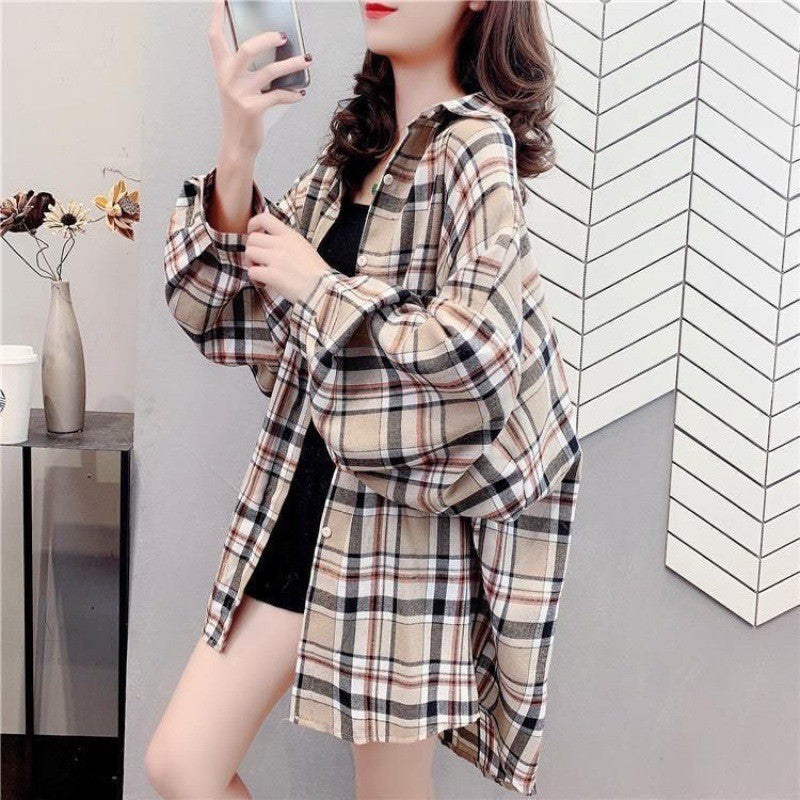 Loose-fitting Korean-style Plaid Shirt For Women
