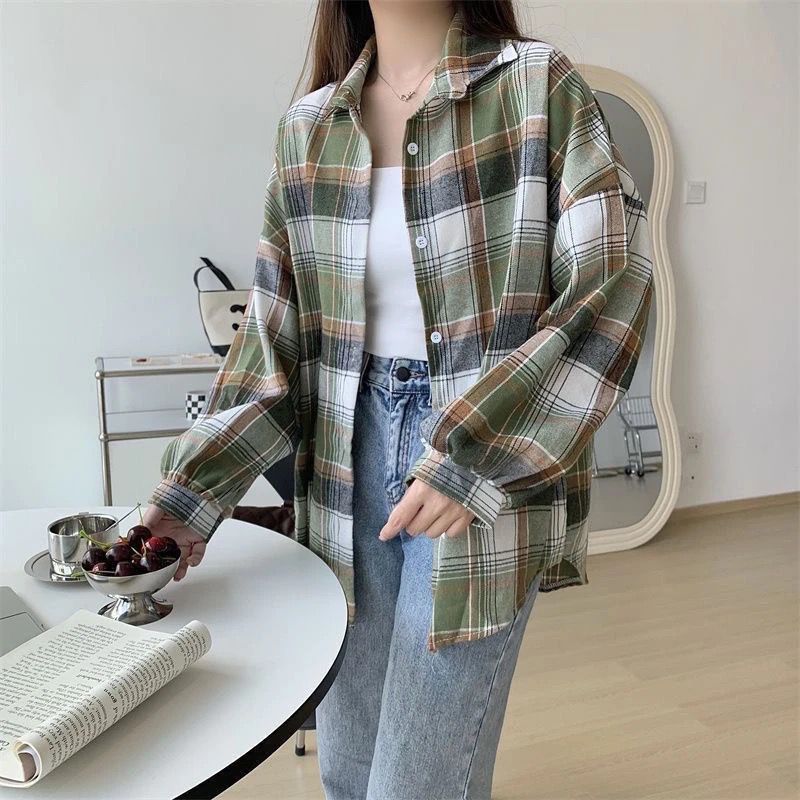 Loose-fitting Korean-style Plaid Shirt For Women