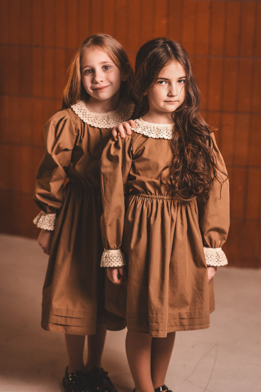 Girls Brown Dress with Lace Collar – Long Sleeve Kids Dress | Armenia
