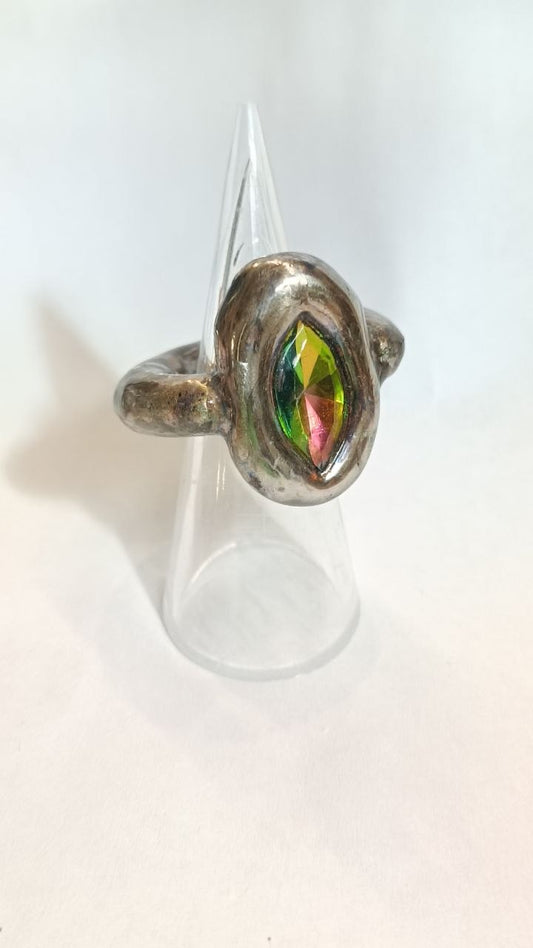 Handcrafted Mystic Topaz Clay Ring – Iridescent Statement Ring | Handmade in Armenia