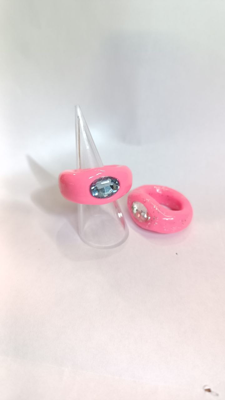 Chunky Pink Clay Ring with Crystal – Handmade Statement Ring | Armenia