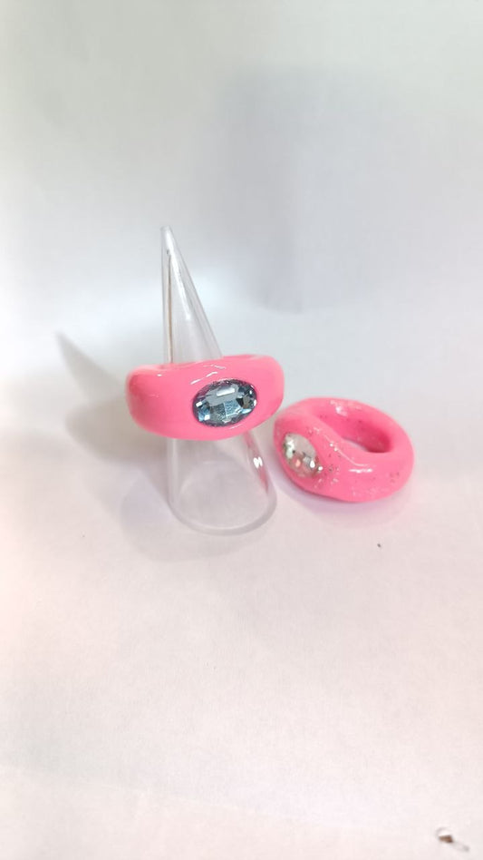 Chunky Pink Clay Ring with Crystal – Handmade Statement Ring | Armenia