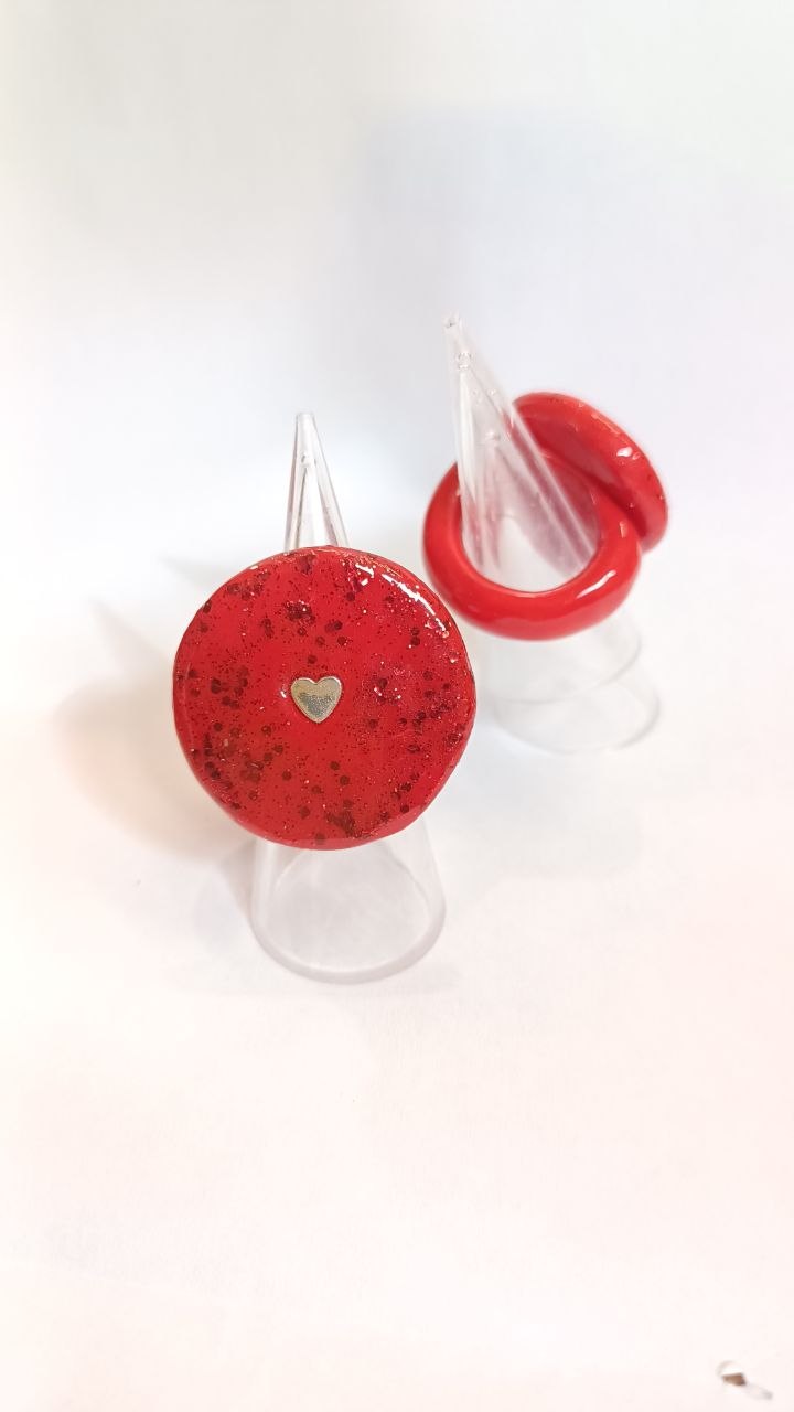 Red Glitter Dome Clay Ring with Heart – Statement Ring | Handmade Armenia