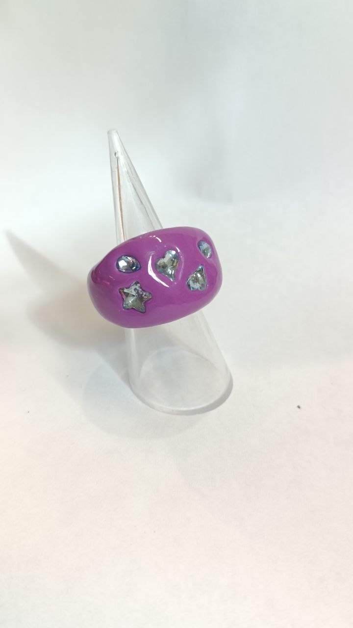 Purple Clay Statement Ring with Rhinestones – Heart & Star Design | Handmade Armenia