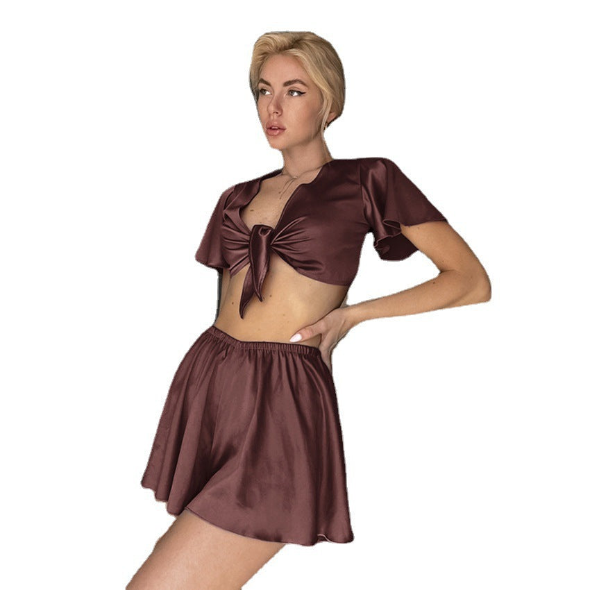 French Ice Silk Pajamas Women's Summer Satin Satin Short-sleeved Top Pajama Pants Suit