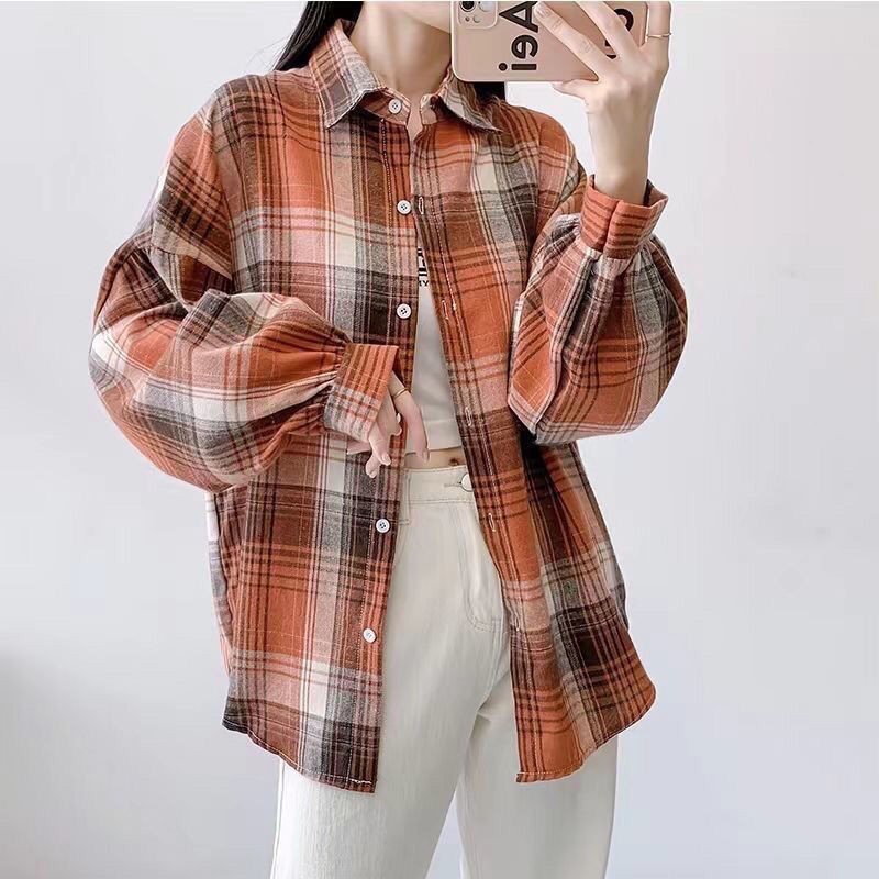 Loose-fitting Korean-style Plaid Shirt For Women