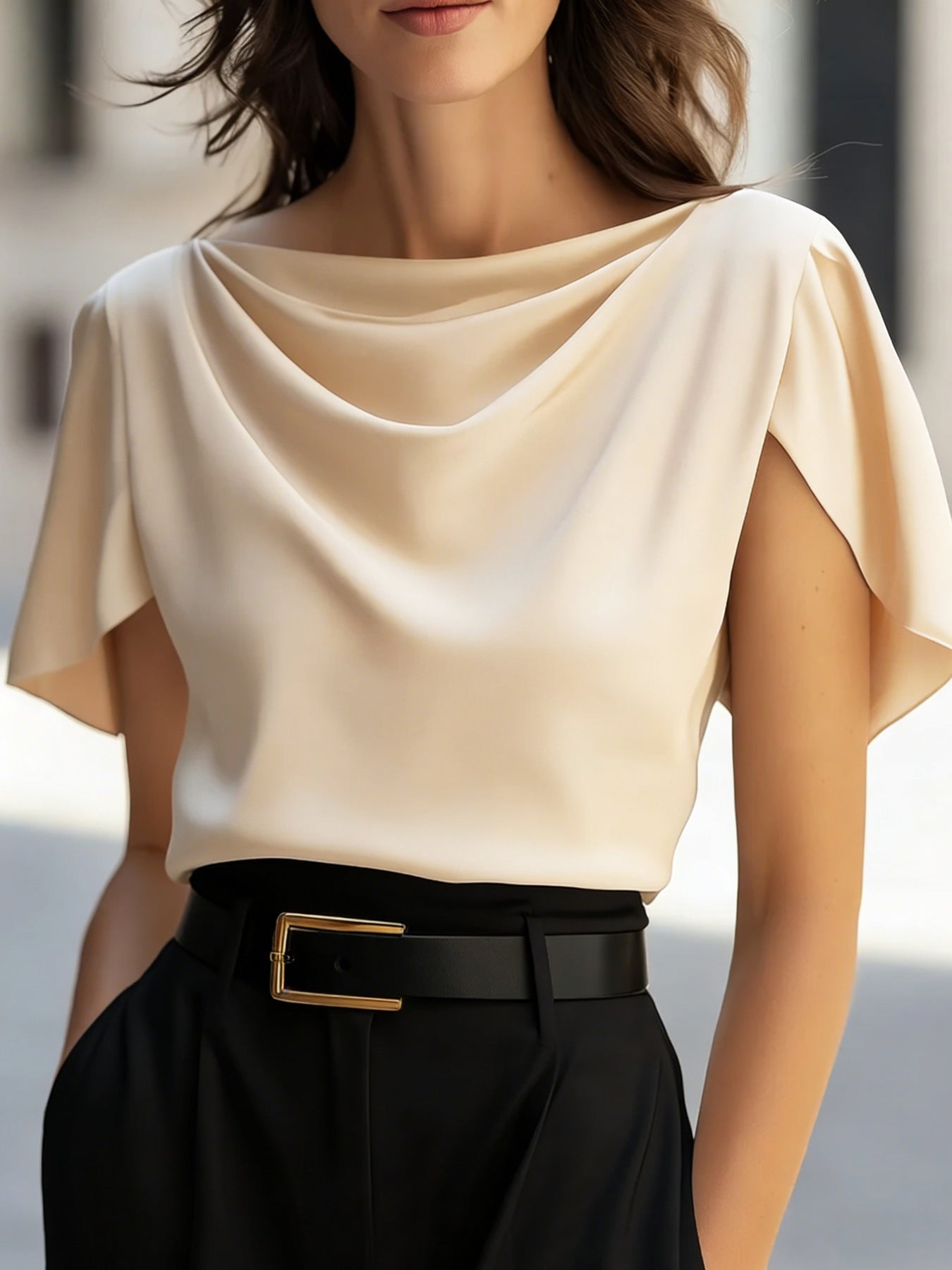 Scoop-neck Draping Short-sleeve Top Casual Shirt For Women
