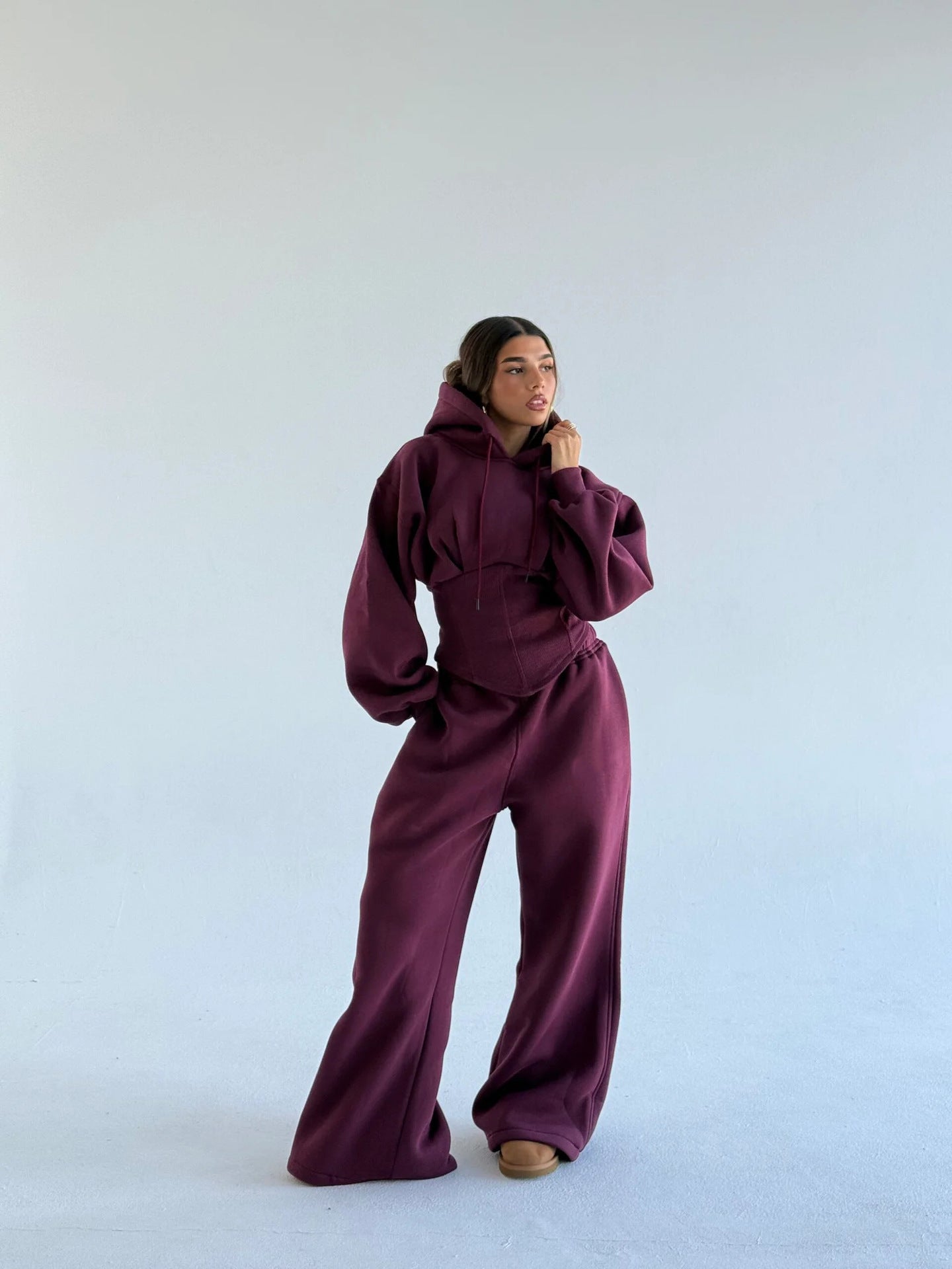 Waist Drawstring Hooded Top And Pants Two-piece Set