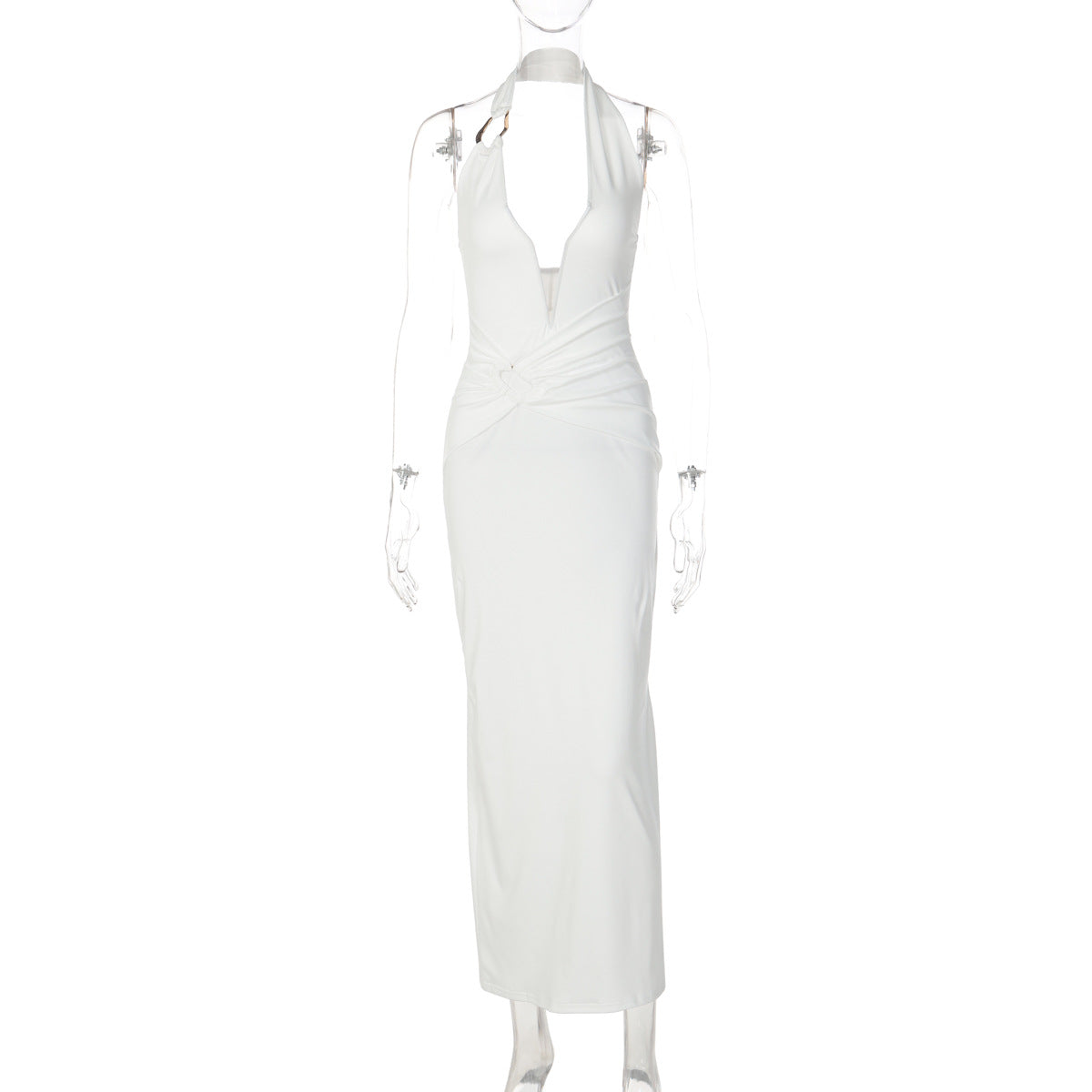 Womens V Neck Spliced Underwire Halter Bodycon Pleated Patchwork Maxi Dress