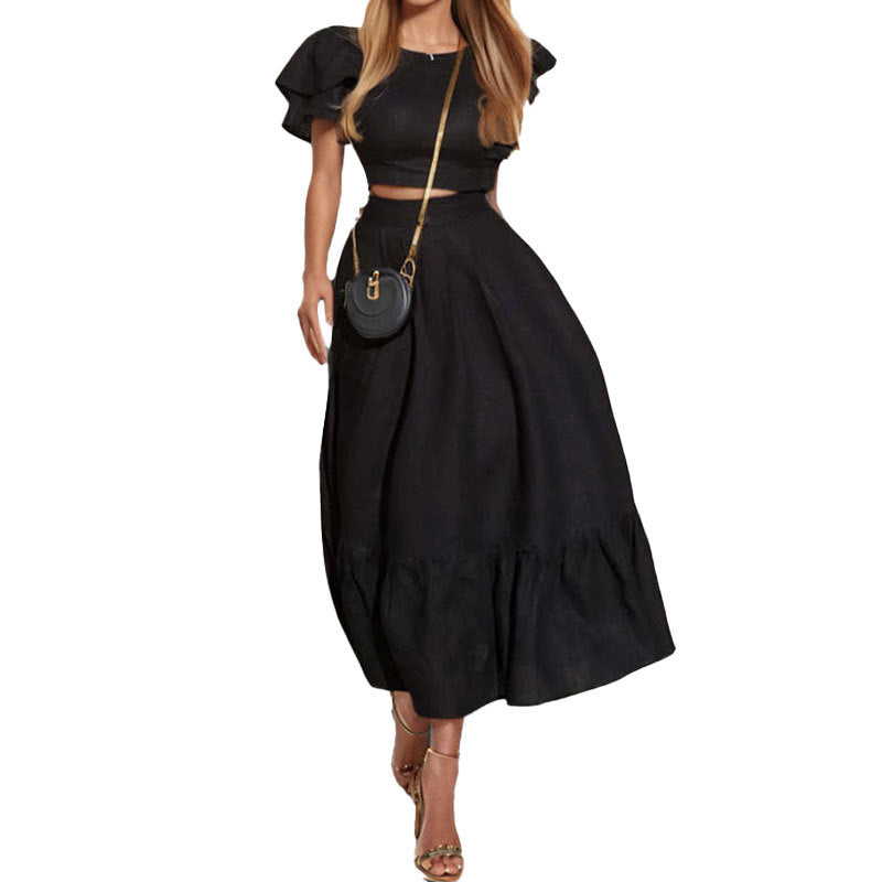 Lotus Leaf Sleeve Short Top Big Swing Long Skirt Two-piece Set Skirt