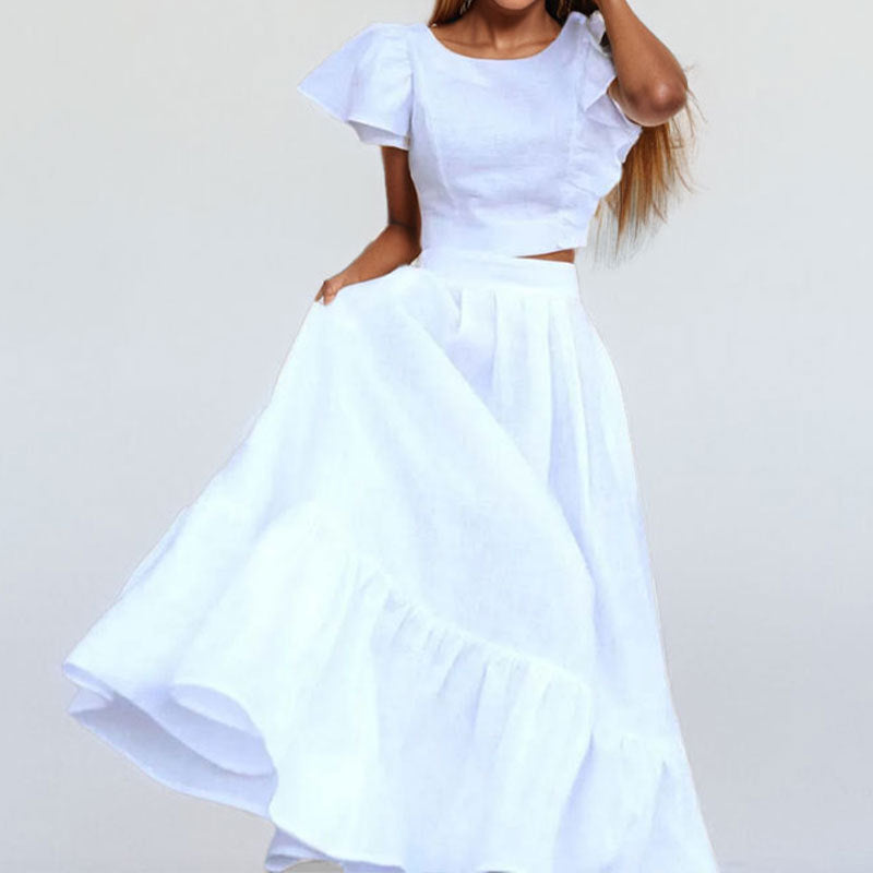 Lotus Leaf Sleeve Short Top Big Swing Long Skirt Two-piece Set Skirt