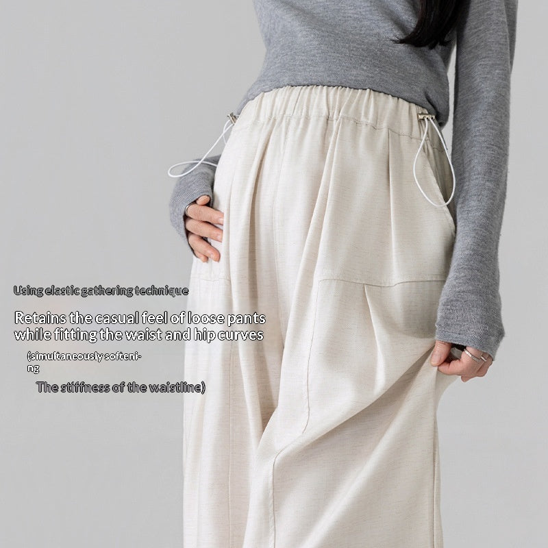 Lyocell Tencel Linen Drawstring-Neck Loose Fit Wide-Leg Pants