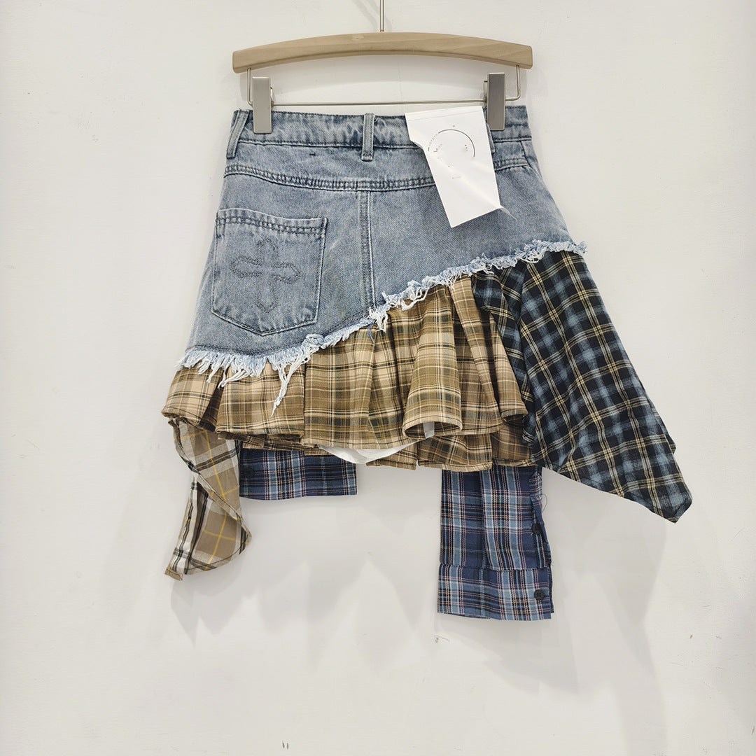 Irregular Hem Patchwork Denim Skirt For Women