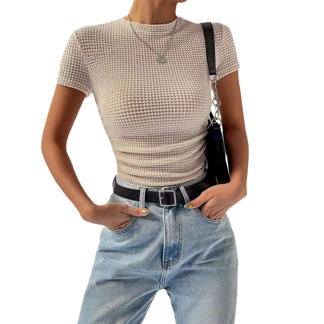 Versatile Figure-flattering Ribbed Crew-neck Knit Short-sleeve T-shirt