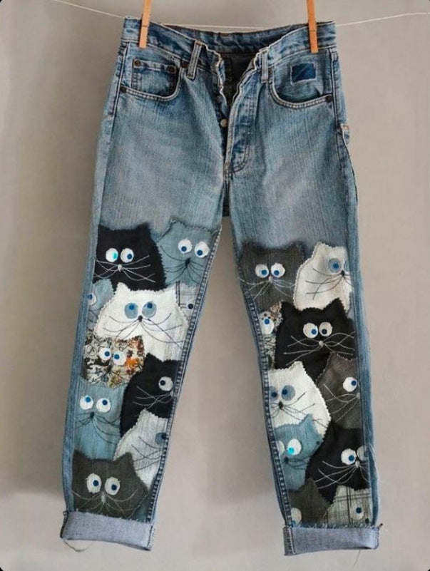 New 3D Heat-transfer Printed Flared Jeans-style Trousers In Faux Denim