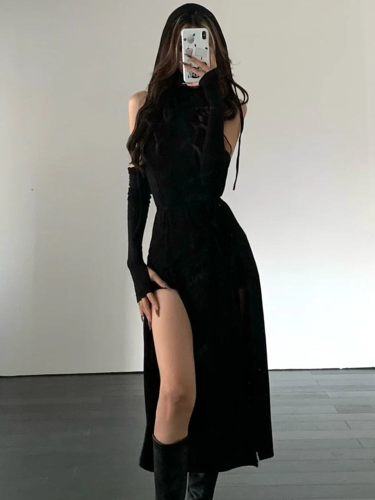 Women's Retro Irregular Hooded Slit Long Dress