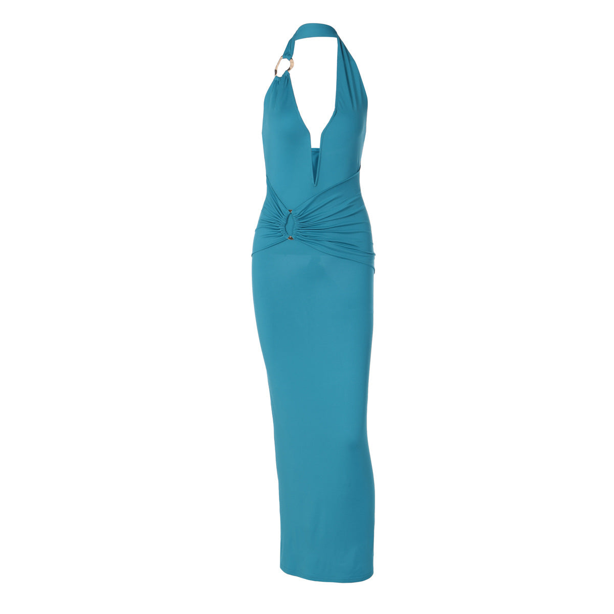 Womens V Neck Spliced Underwire Halter Bodycon Pleated Patchwork Maxi Dress