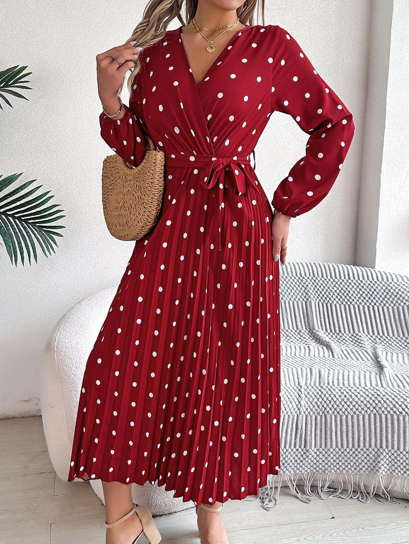 Women's Elegant Color-Blocked Polka Dot Cross V-Neck Pleated Maxi Dress