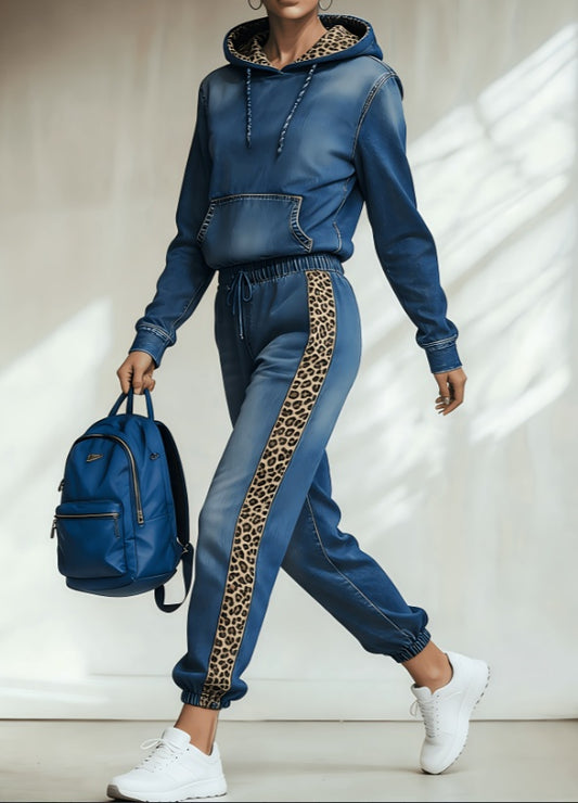 Leopard Print Patchwork Hooded Sweatshirt Set