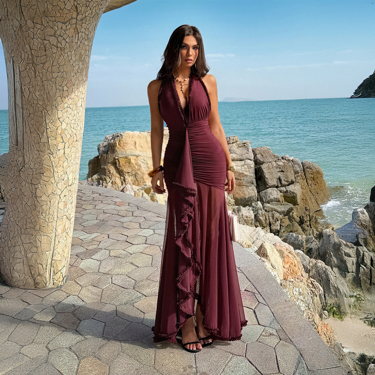 Womens Solid-Color Casual Hip-Hugging Low-Cut Dress