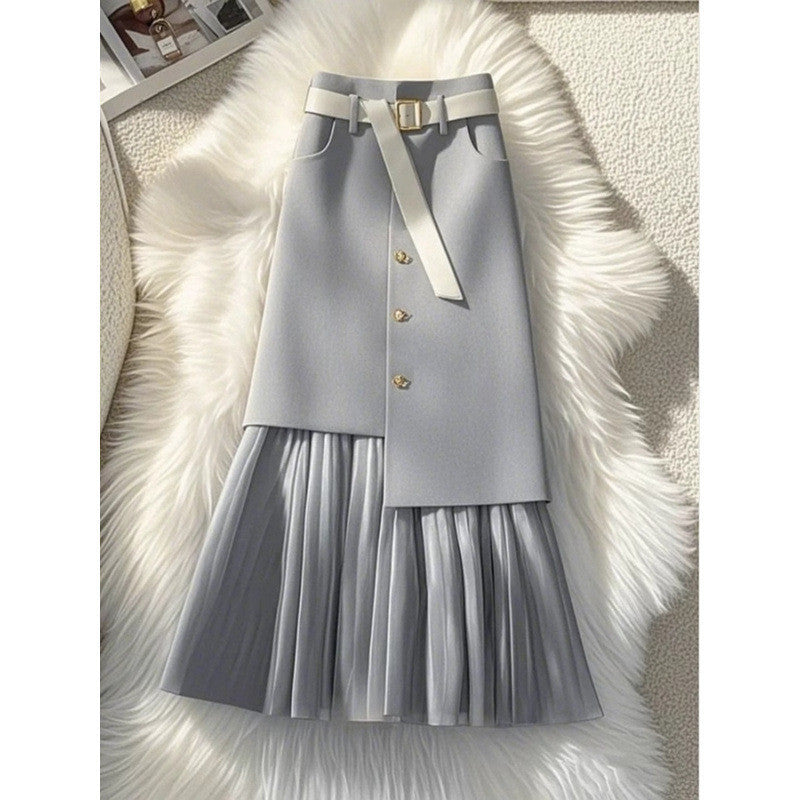 Womens Mid-Length Straight Skirt With Gray Patchwork Design