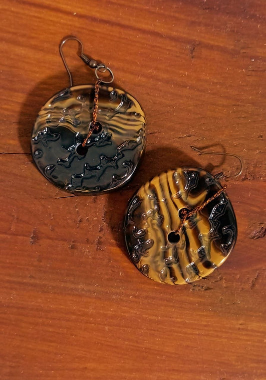 Bronze Hoop Earrings with Black & Gold Swirl Detail | Handmade Statement Earrings Armenia