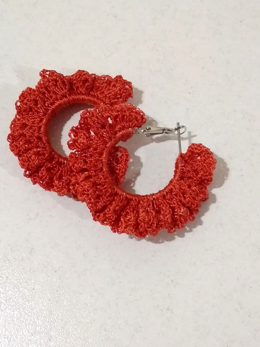 Handmade Red Crochet Lace Hoop Earrings | Statement Jewelry Armenia