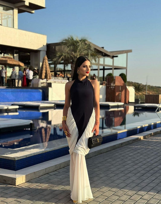 Black and White Halterneck Maxi Dress with Ruched Detail | Armenia