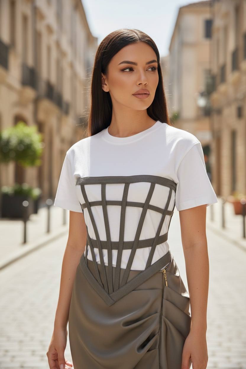 White T-Shirt with Corset Overlay – Structured Casual Top | Armenia