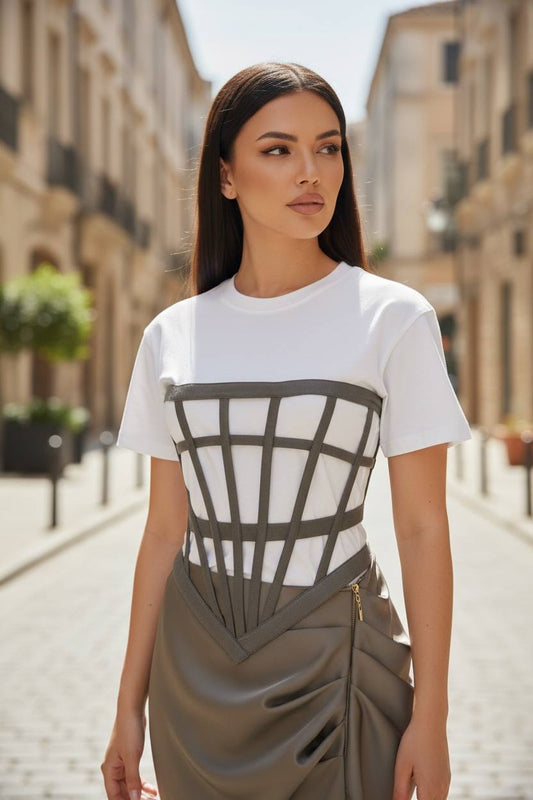 White T-Shirt with Corset Overlay – Structured Casual Top | Armenia