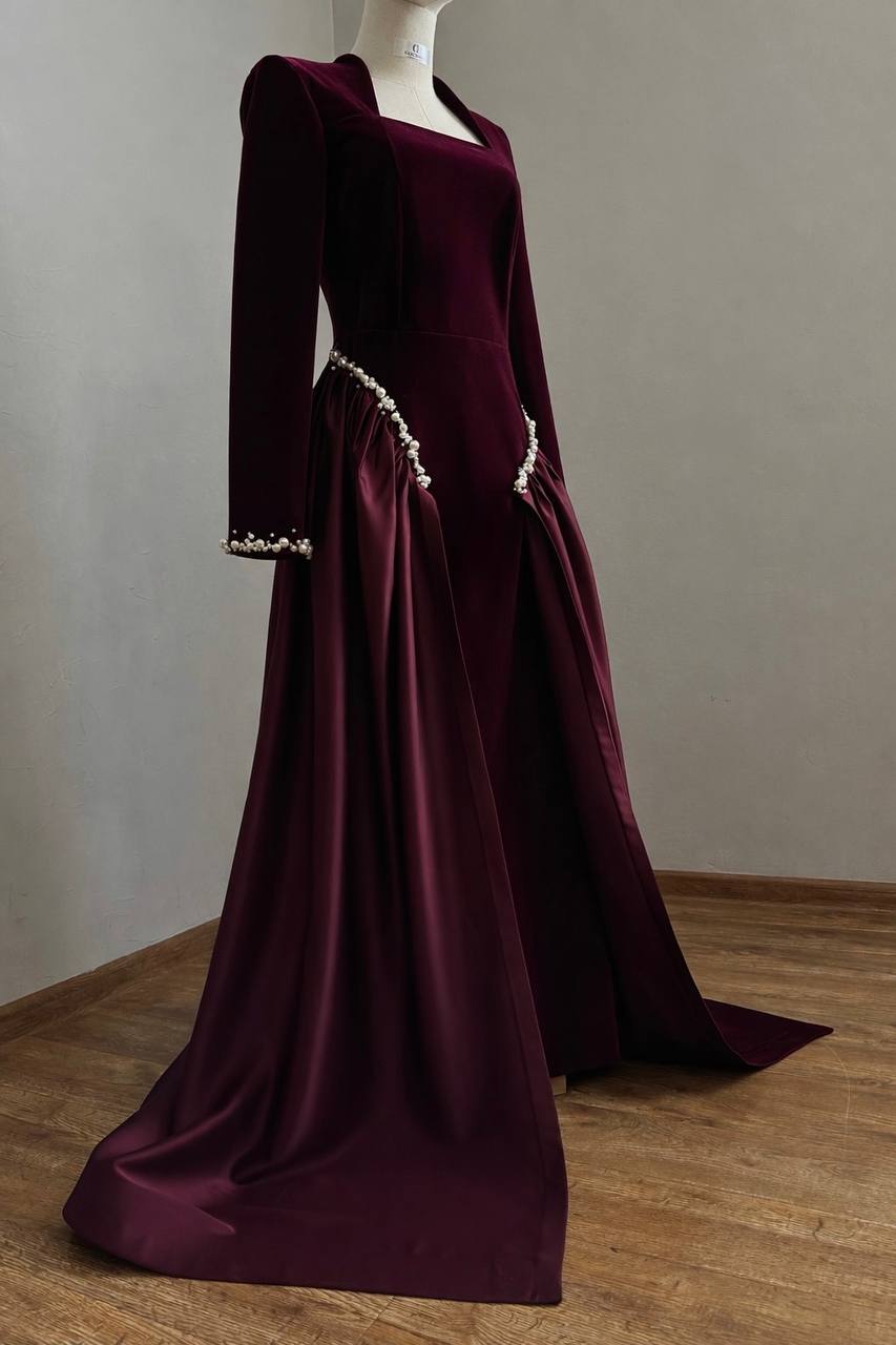 Velvet Evening Gown with Pearl Details – Long Sleeve Formal Dress | Armenia