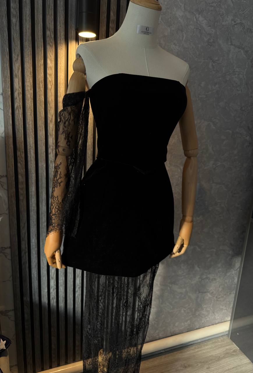 Black Velvet Off-Shoulder Evening Dress with Lace Sleeves | Armenia