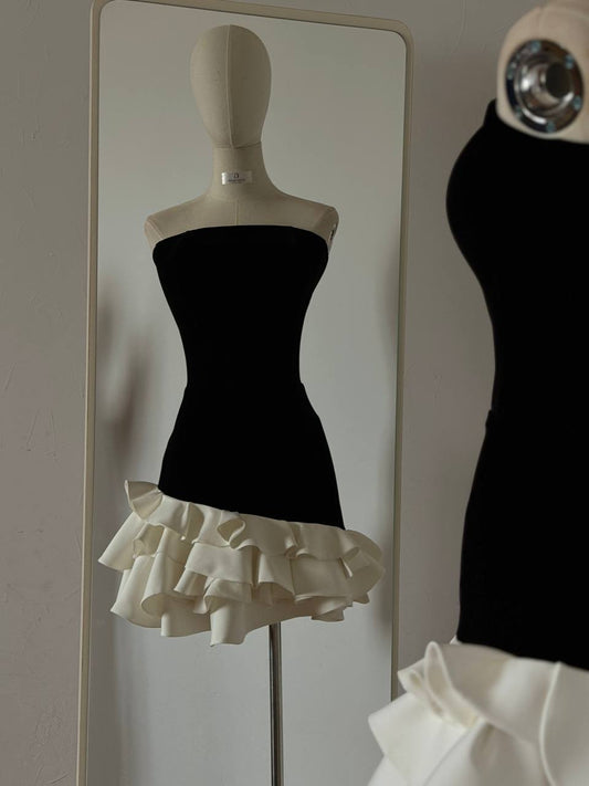 Black Velvet Strapless Mini Dress with White Ruffle Hem | Elegant Party Dress Armenia