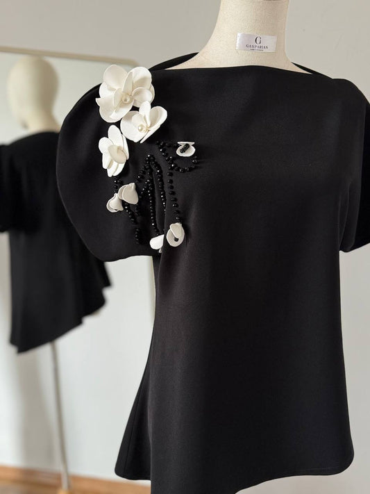Black Dress top with 3D Floral Shoulder Detail | Party Dress Armenia