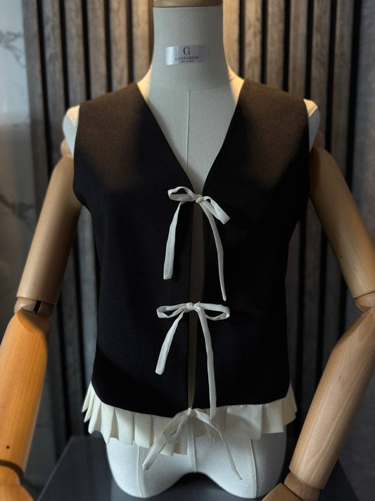 Black Sleeveless Bow Top with Pleated Hem