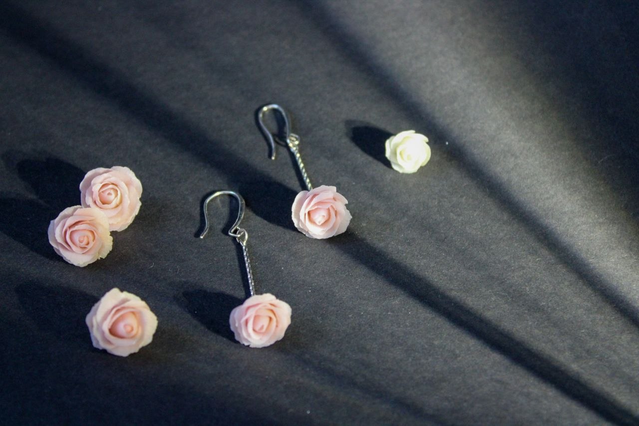 Handmade Blush Pink Rose Dangle Earrings | Polymer Clay Floral Jewelry Armenia