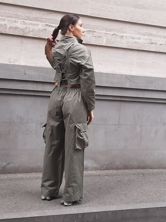 Khaki Cargo Co-Ord Set – Cropped Jacket & Wide-Leg Pants | Armenia