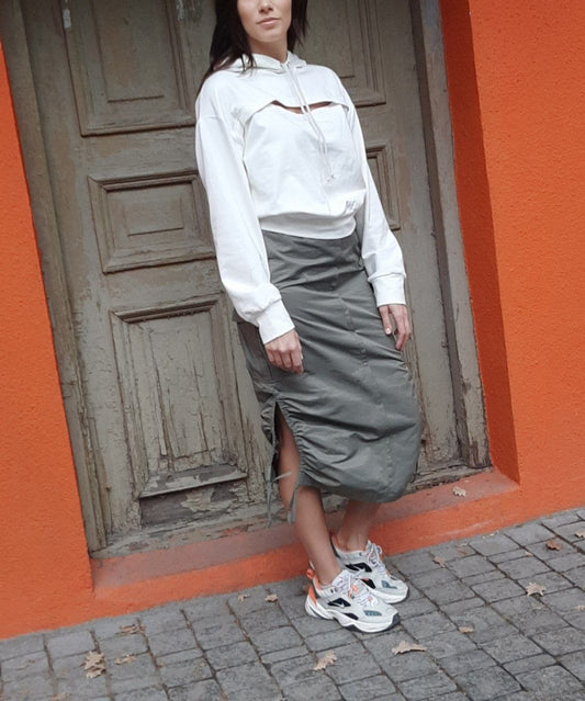 White Cropped Hoodie & Ruched Cargo Midi Skirt Set | Armenia
