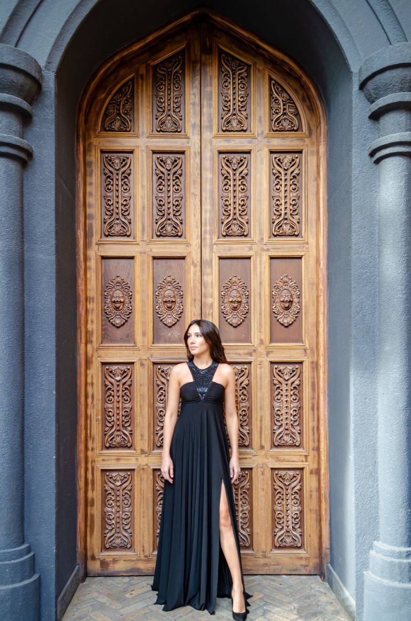 Black Halter Evening Gown with Beaded Neckline & Front Slit | Armenia