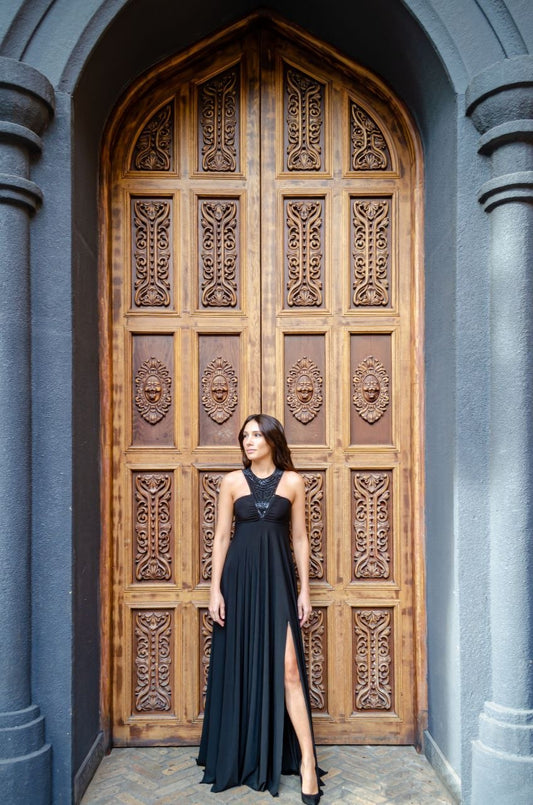 Black Halter Evening Gown with Beaded Neckline & Front Slit | Armenia