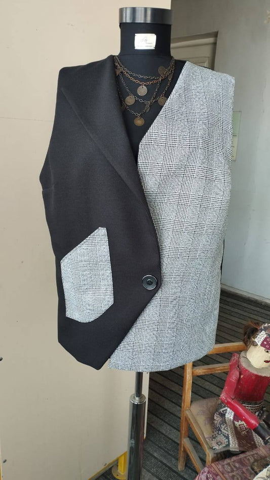 Gray and Black Glen Plaid Vest – Asymmetric Closure Vest | Armenia