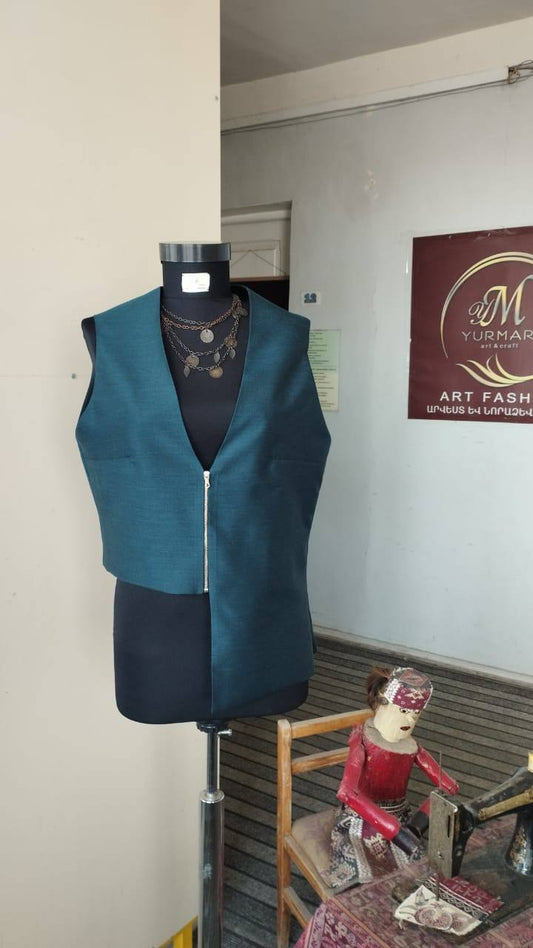 Teal Asymmetrical Sleeveless Vest with Zip Closure | Armenia