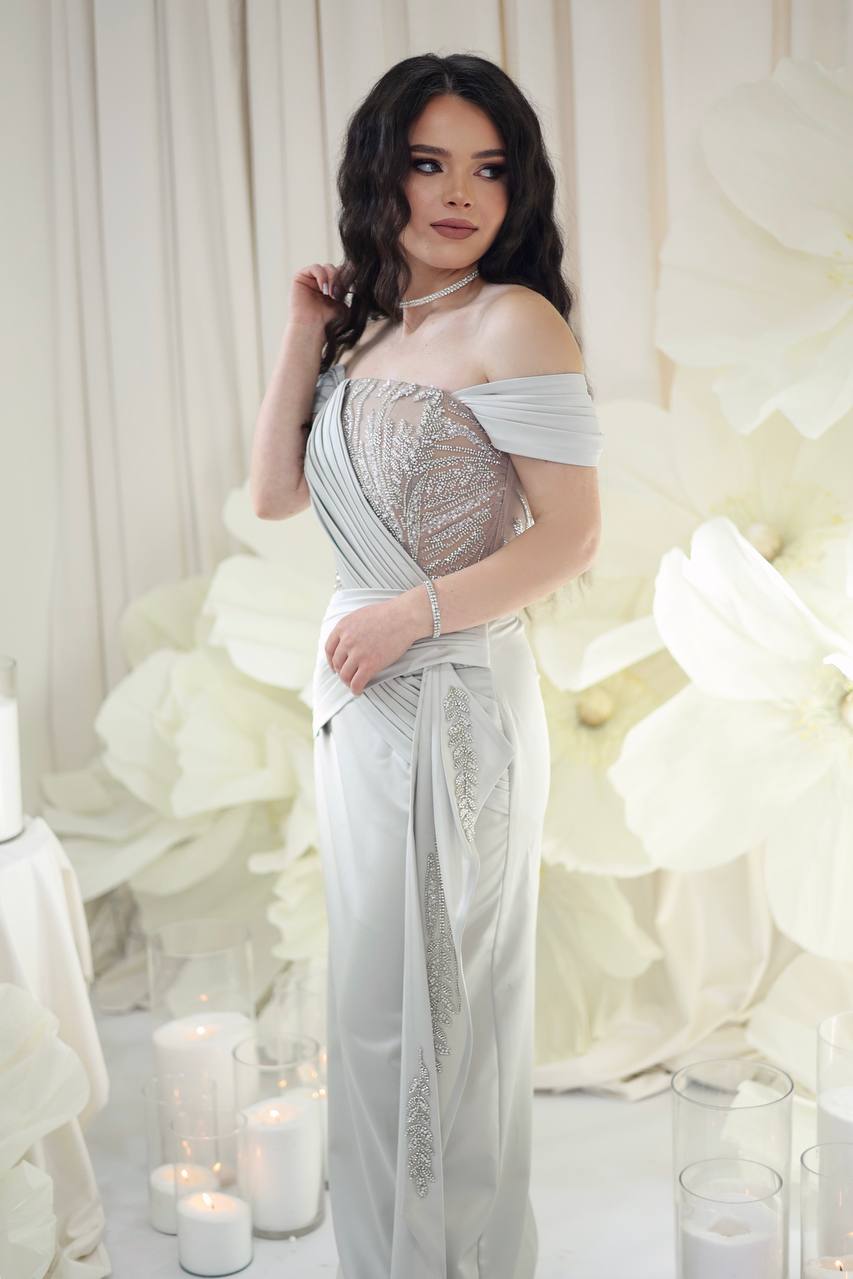 Light Gray Off-Shoulder Beaded Evening Gown | Armenia