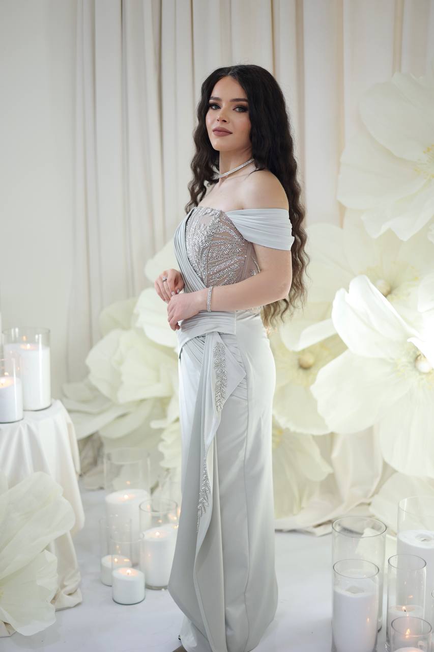 Light Gray Off-Shoulder Beaded Evening Gown | Armenia