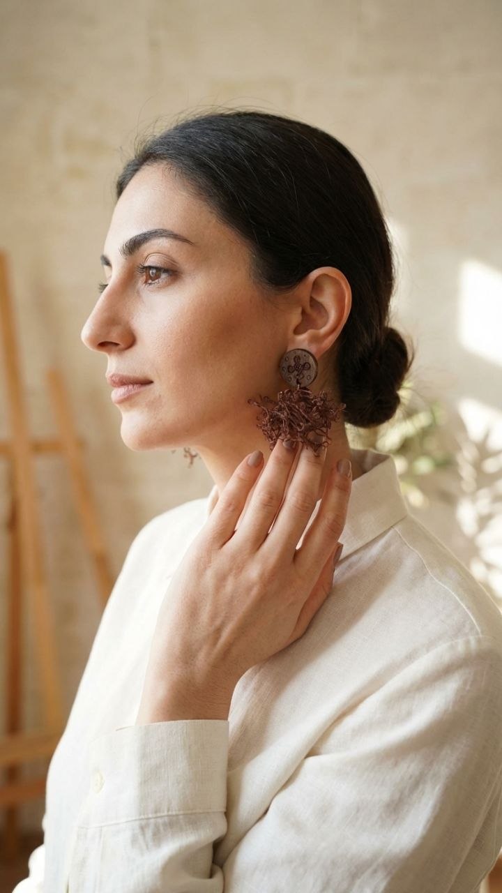 Handcrafted Copper Wire Fiber Art Earrings | Artistic Statement Jewelry Armenia
