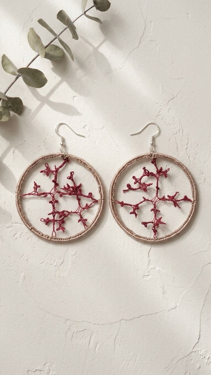 Red Crochet Hoop Earrings with Metallic Frame | Handmade Jewelry Armenia