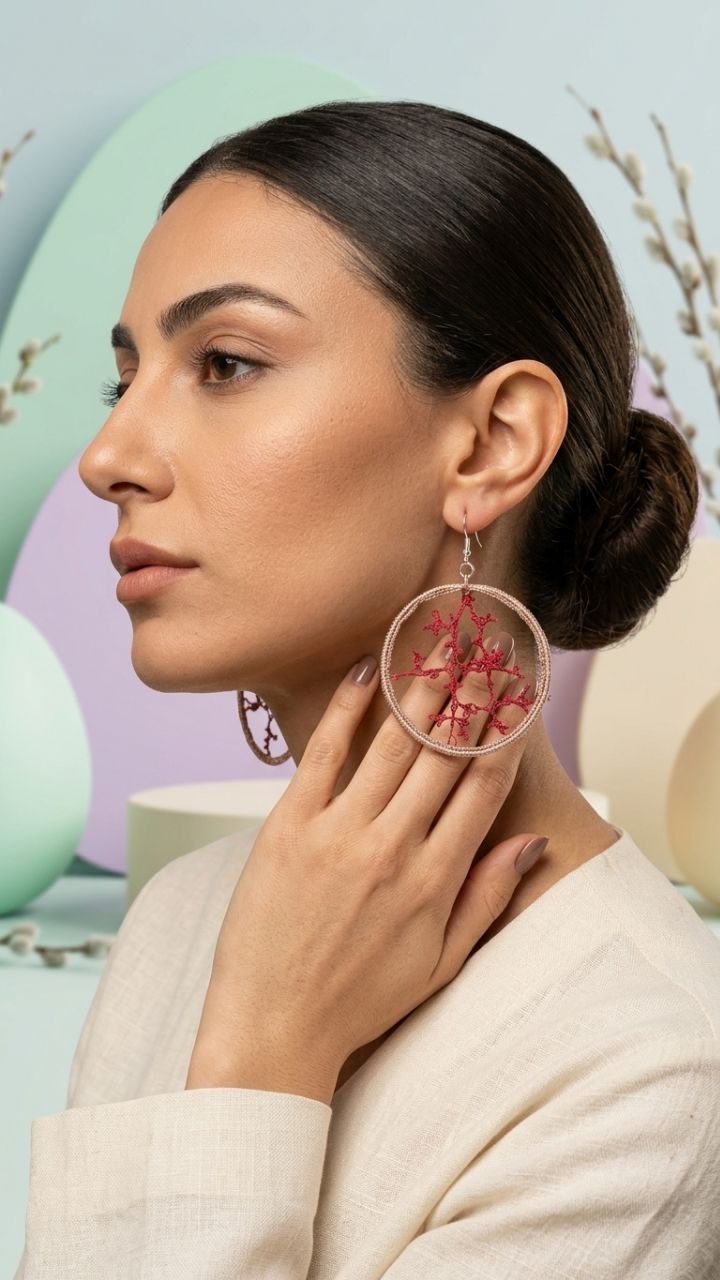 Red Crochet Hoop Earrings with Metallic Frame | Handmade Jewelry Armenia