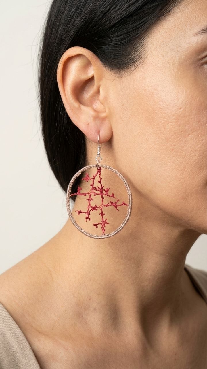 Red Crochet Hoop Earrings with Metallic Frame | Handmade Jewelry Armenia